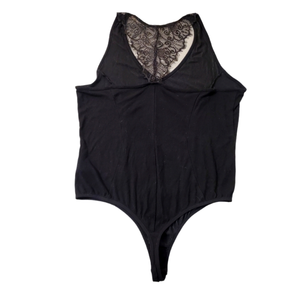 Bebe Women's Black V Neck Lace Back Sleeveless Tank Bodysuit XL